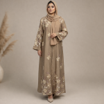 জাফরান কাপড়ের ডাবল পার্ট এটাচ কটি এমব্রয়ডারি+স্টোন ওয়ার্ক করা বোরকা