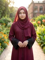 দুবাই চেরি কাপড়ের কারচুপি লেস ওয়ার্ক বোরকা - Image 3