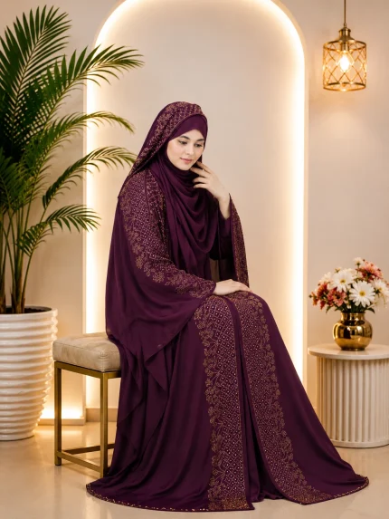 দুবাই চেরী কাপড়ে এটাচ কটি আবায়া স্টোন বোরকা-v3